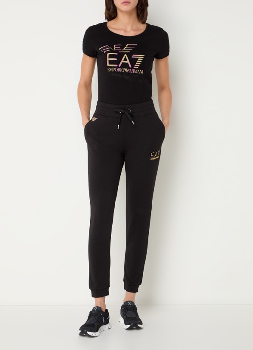 Armani High waist tapered fit joggingbroek met logo en strass - voorkant 5 zwart
