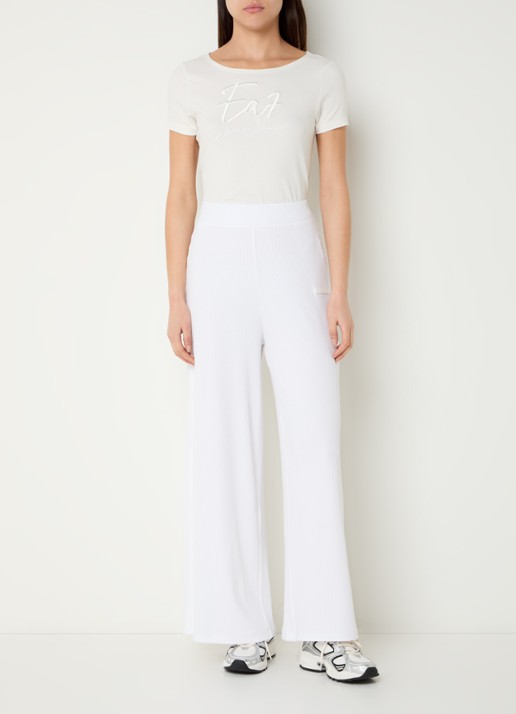 Armani High waist wide fit broek met ribstructuur en logo - voorkant 4 wit