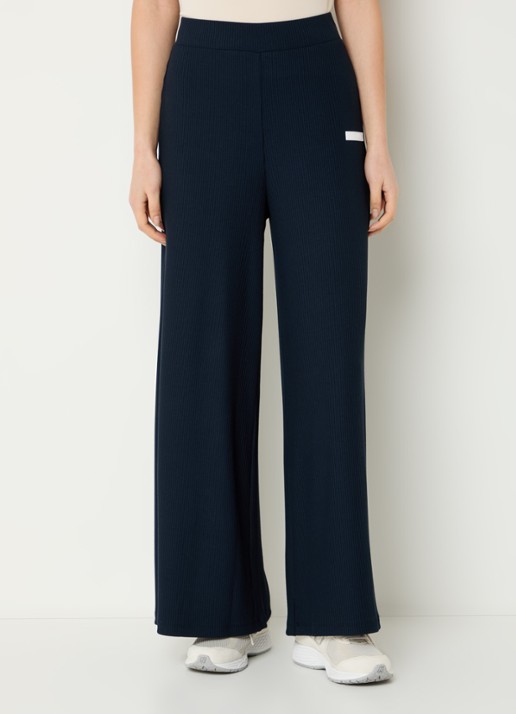 Armani High waist wide fit broek met ribstructuur en logo - detail 2 donkerblauw