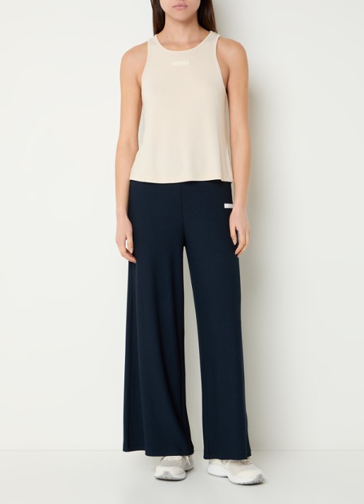 Armani High waist wide fit broek met ribstructuur en logo - voorkant 4 donkerblauw