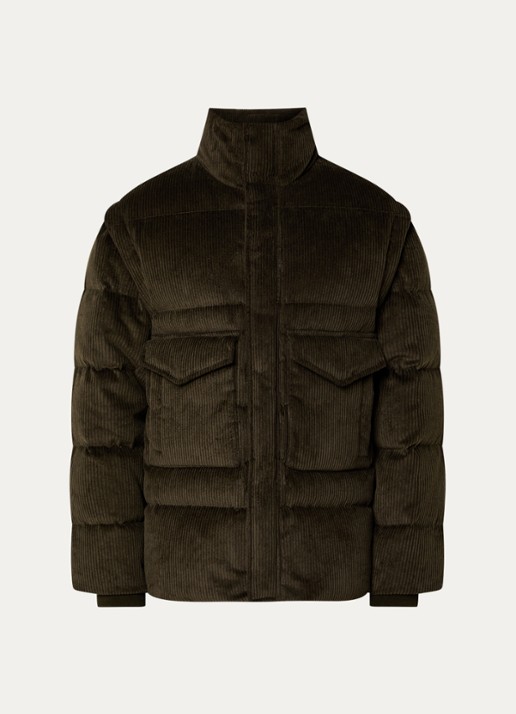 Armani Puffer jack van corduroy met afneembare mouwen - voorkant bronsgroen