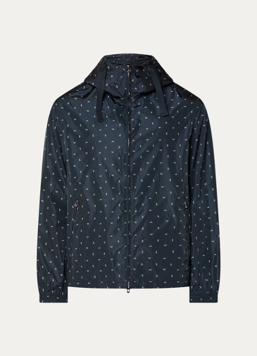 Armani Regenjas met logoprint en capuchon - voorkant donkerblauw