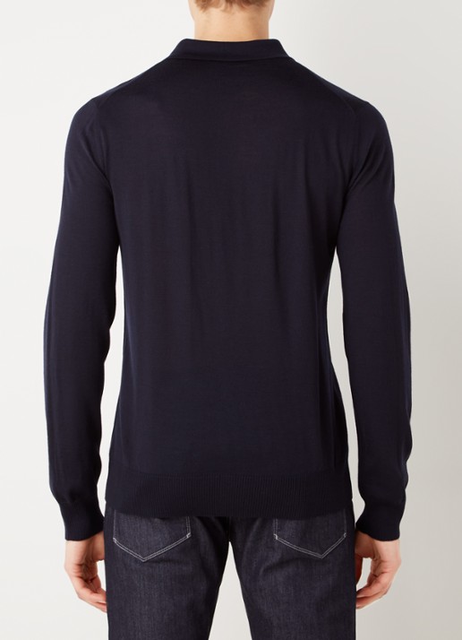 Armani Regular fit fijngebreide polo van scheerwol - achterkant donkerblauw