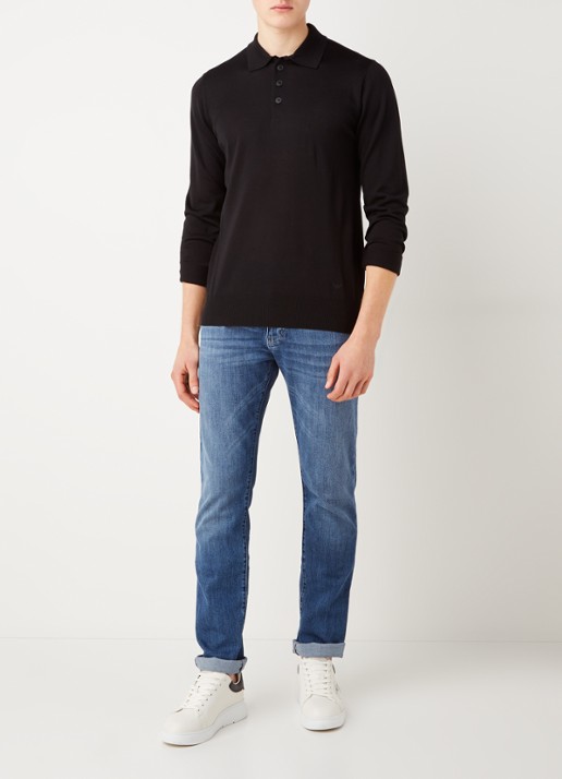 Armani Regular fit fijngebreide polo van scheerwol - voorkant 3 zwart