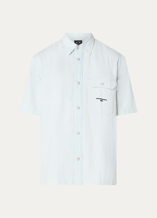 Armani Regular fit overhemd met streepprint en borstzak - voorkant 3 lichtblauw