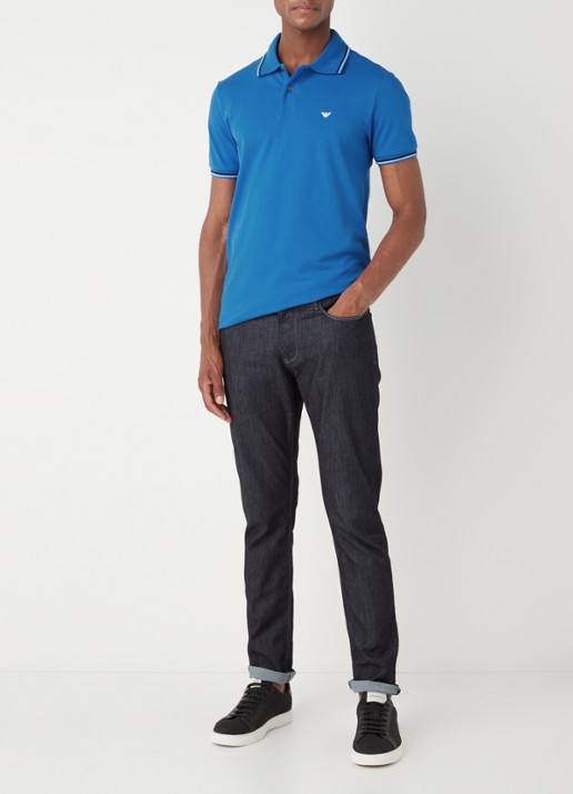 Armani Regular fit polo van piqué katoen met getipte boorden - voorkant 2 kobaltblauw