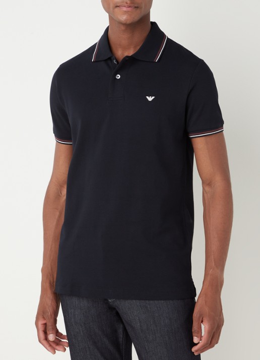 Armani Regular fit polo van piqué katoen met getipte boorden - detail 4 donkerblauw