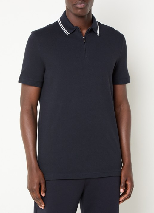 Armani Regular fit polo van piqué katoen met halve rits - detail 2 donkerblauw