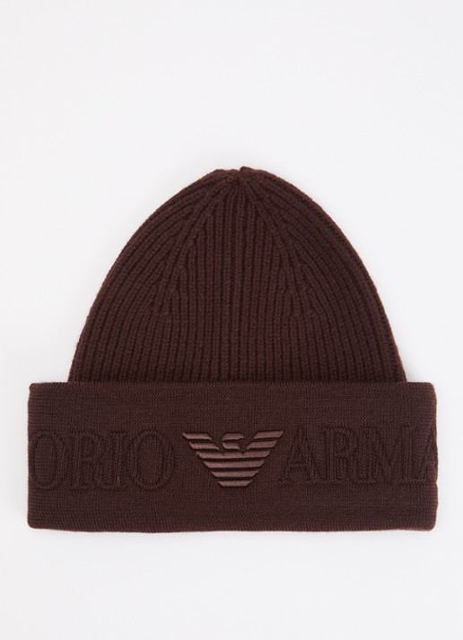 Armani Ribgebreide muts van wol met logo - voorkant bruin