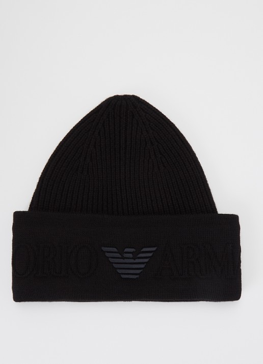 Armani Ribgebreide muts van wol met logo