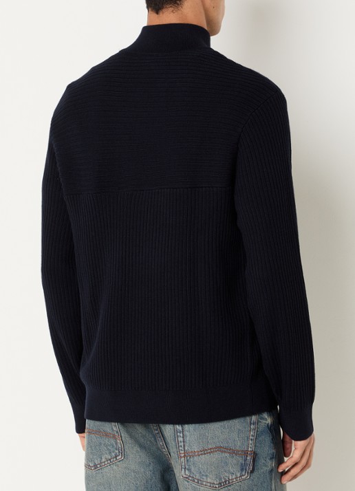 Armani Ribgebreide pullover in scheerwolblend met halve rits - achterkant 2 donkerblauw