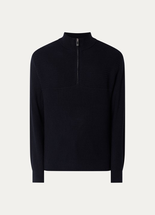 Armani Ribgebreide pullover in scheerwolblend met halve rits - voorkant 3 donkerblauw