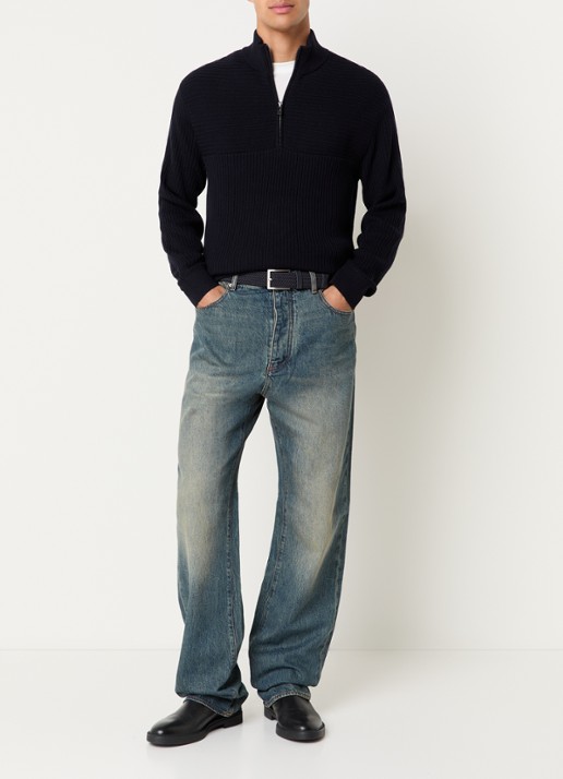 Armani Ribgebreide pullover in scheerwolblend met halve rits - voorkant 4 donkerblauw