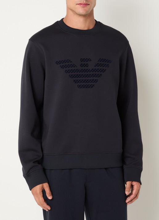 Armani Sweater met flock logoprint - detail donkerblauw