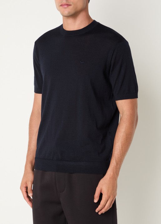 Armani T-shirt in wolblend met logo - detail 3 donkerblauw