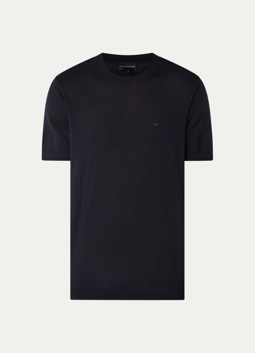 Armani T-shirt in wolblend met logo - voorkant donkerblauw