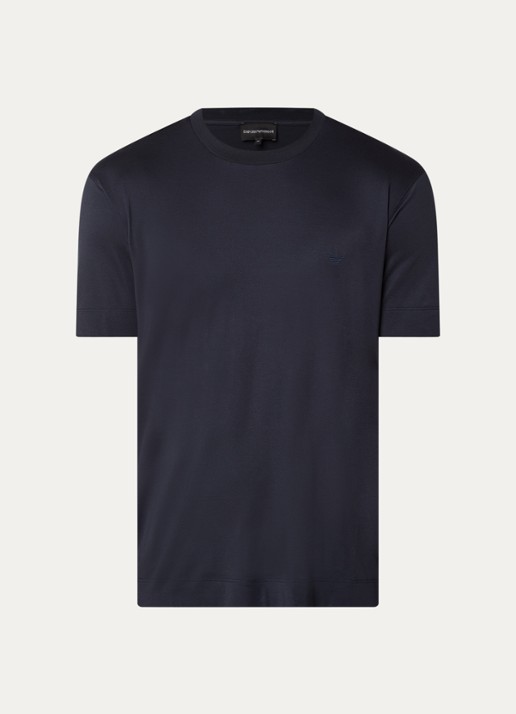 Armani T-shirt in zijdeblend met logoborduring - voorkant 3 donkerblauw