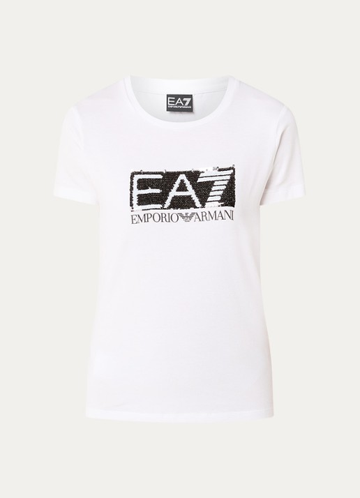 Armani T-shirt met logoprint en pailletten - voorkant 2 wit