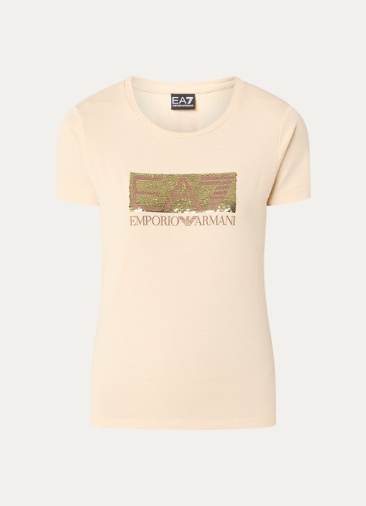 Armani T-shirt met logoprint en pailletten - voorkant 2 beige
