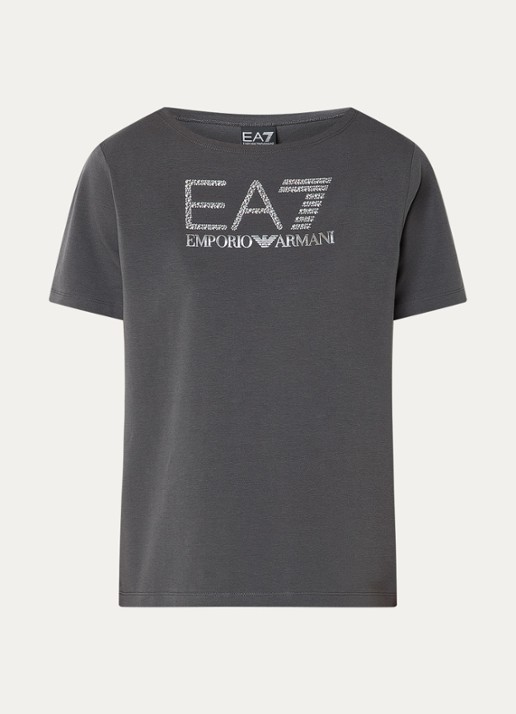 Armani T-shirt met logoprint met strass - voorkant middengrijs