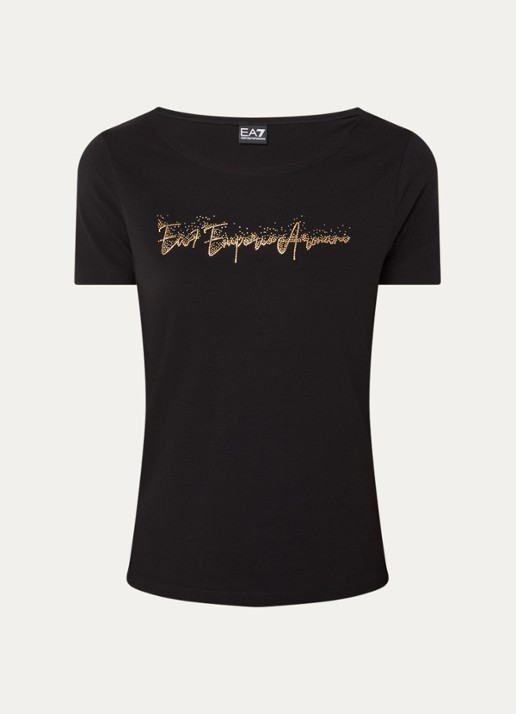 Armani T-shirt met strasslogo - voorkant 3 zwart