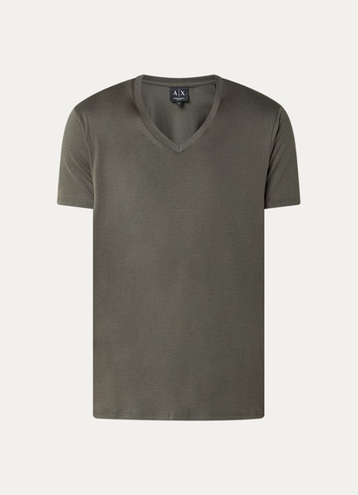 Armani T-shirt van pima katoen met V-hals - voorkant 2 olijfgroen