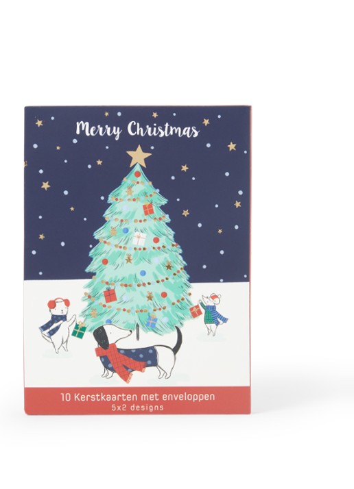 Art Group Dieren bij kerstboom en auto kerstkaart - 2 designs - set van 10 inclusief enveloppen
