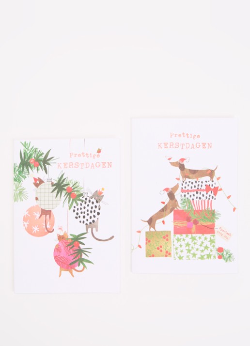 Art Group Kat en Teckel kerstkaar - 2 dessins - set van 10 kaarten inclusief enveloppen - voorkant 2 multicolor