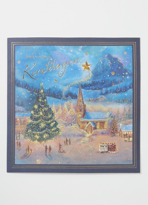 Art Group Kerk in besneeuwd landschap kerstkaart - 1 design - set van 8 inclusief enveloppen - voorkant 2 donkerblauw