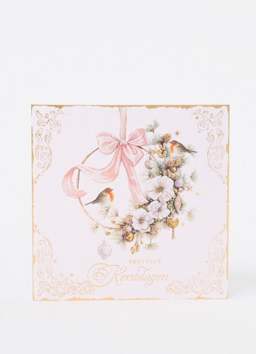 Art Group Kerstkrans met roodborstjes - 1 design - luxe kerstkaart met envelop - set van 8 - voorkant 2 wit