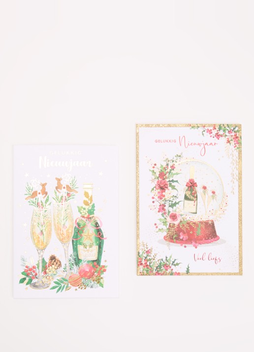 Art Group Prosecco Gelukkig Nieuwjaar nieuwjaarskaart - 2 designs - 10 kaarten inclusief enveloppen - voorkant 2 multicolor
