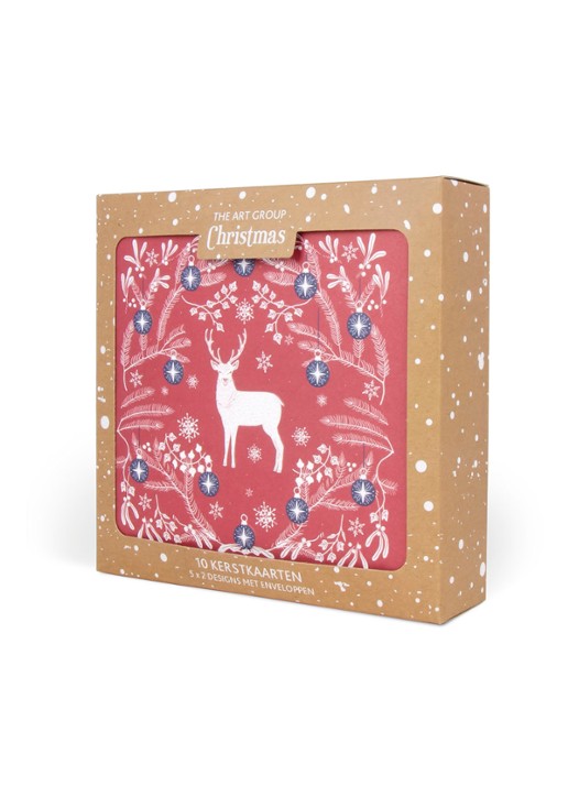 Art Group Square Hert/Duif in kersttakken - 2 designs - Kerstkaart met envelop set van 10 - detail steenrood