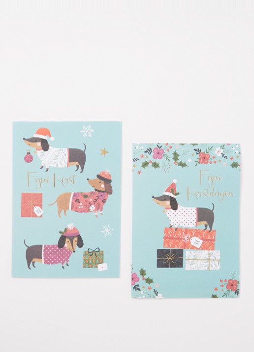Art Group Teckel - 2 designs - kerstkaart met envelop - set van 10 - voorkant 2 blauw