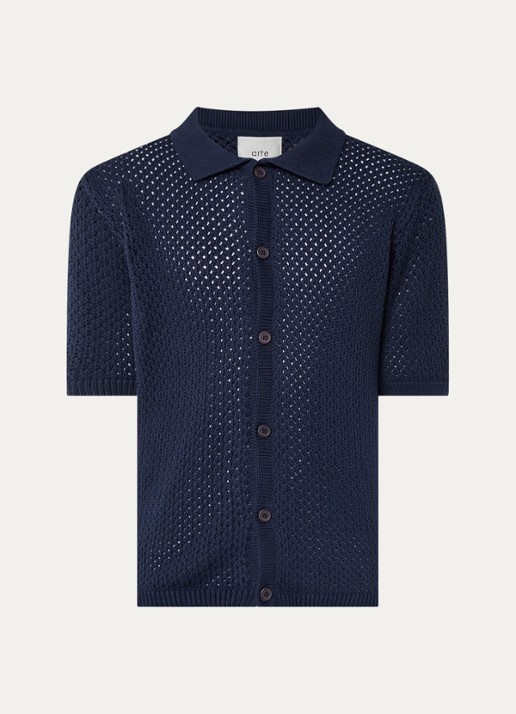 Arte Antwerp Grogebreid regular fit overhemd met opengewerkt dessin - voorkant 4 donkerblauw