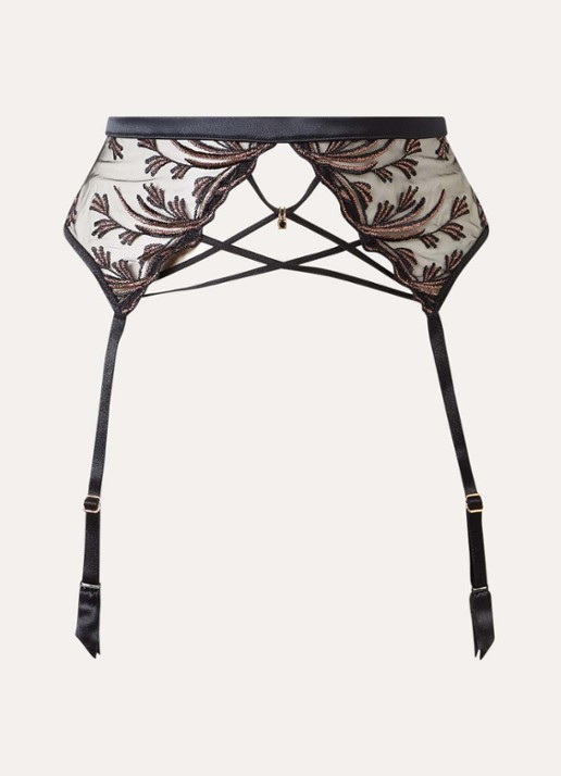 Aubade Cosmic Romance jarretels van mesh met lurexborduring - voorkant 2 zwart