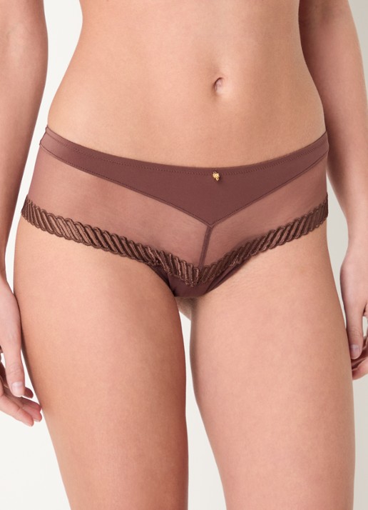 Aubade Sheer Emotion shorty met mesh en borduring - detail 2 chocoladebruin