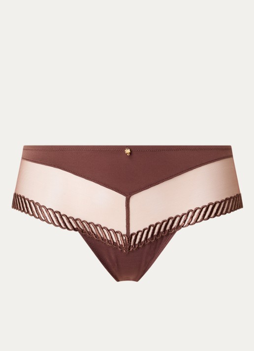 Aubade Sheer Emotion shorty met mesh en borduring - voorkant 4 chocoladebruin