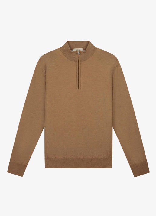 Aurélien Fijngebreide trui van merino wol met halve rits - voorkant 4 caramel-261