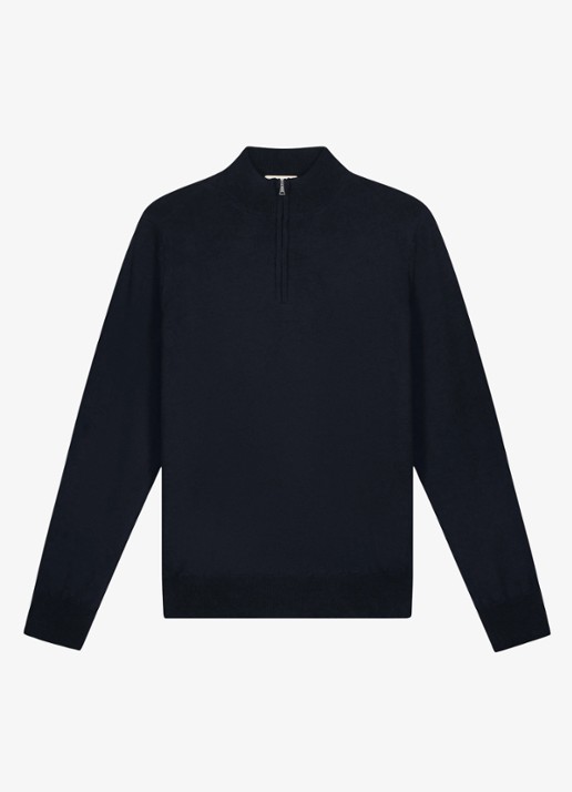 Aurélien Fijngebreide trui van merino wol met halve rits - voorkant navy-410