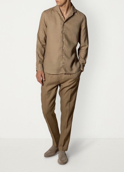 Aurélien Regular fit overhemd van linnen - voorkant 2 dark taupe-901