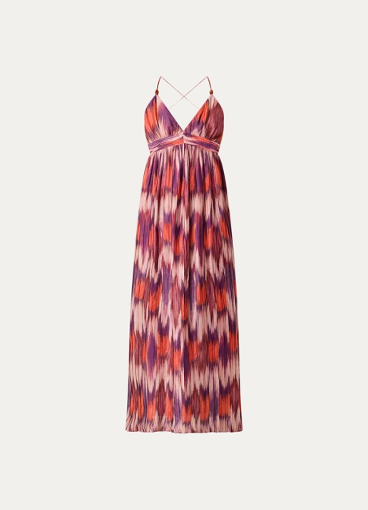 ba&sh Anaelle maxi jurk met plissé en print - voorkant oranjerood