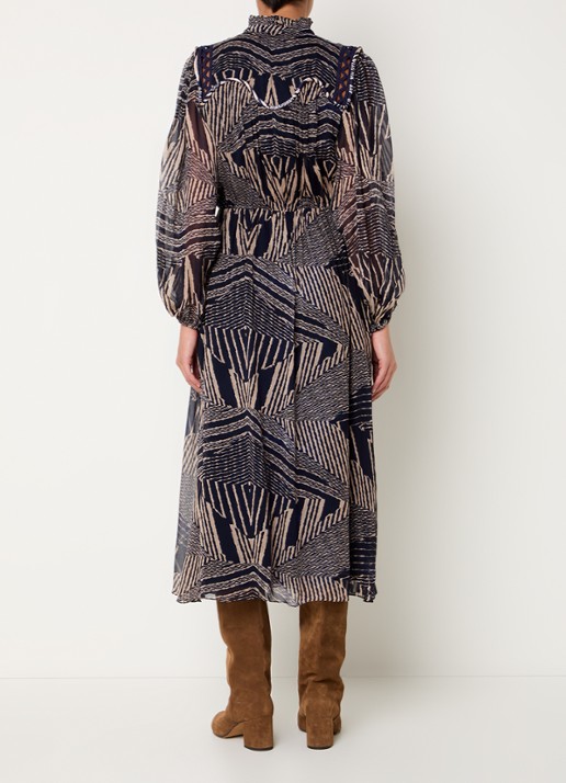 ba&sh Antal midi tuniek jurk met V-hals en print - achterkant 3 donkerblauw