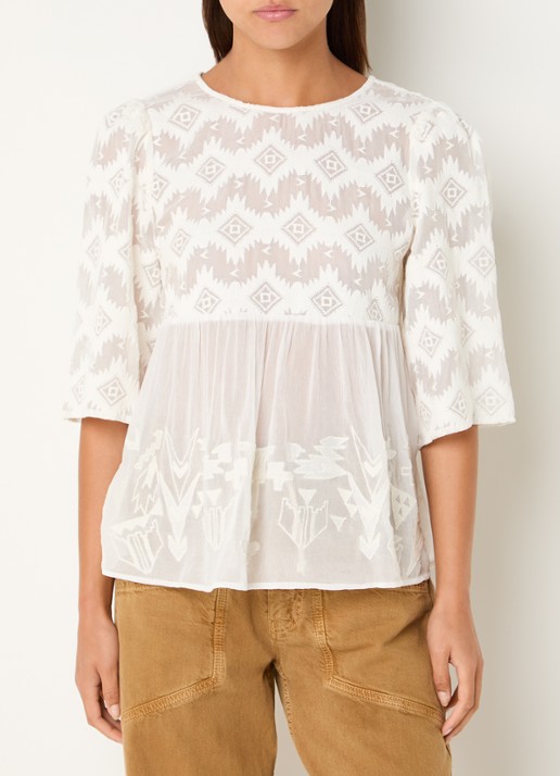 ba&sh Apollon blouse met borduring en pofmouw - detail gebroken wit