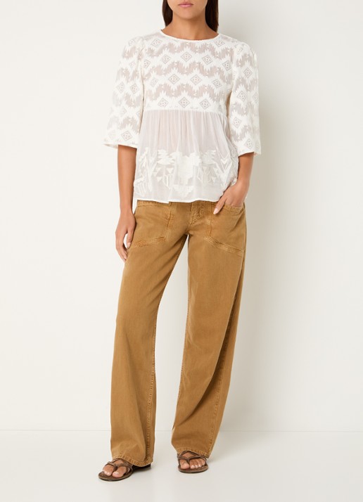 ba&sh Apollon blouse met borduring en pofmouw - voorkant 3 gebroken wit