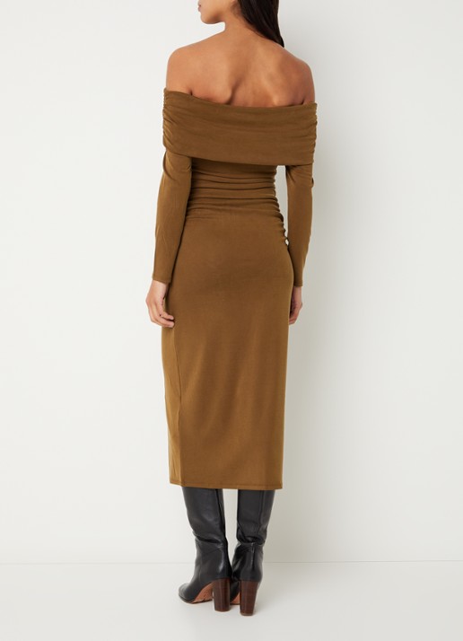 ba&sh Bettina ribgebreide off shoulder jurk  - achterkant mosgroen