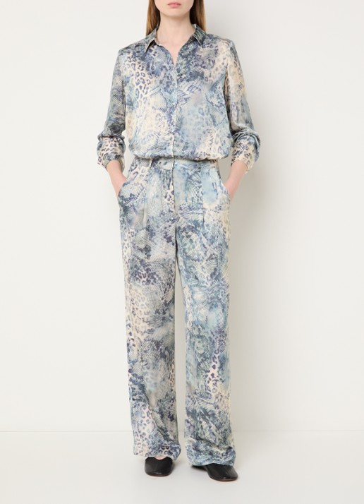 ba&sh Carrina high waist wide fit pantalon van satijn met print - voorkant 4 blauw