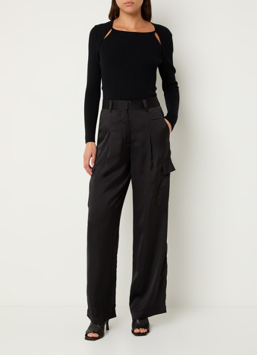 ba&sh Cary high waist loose fit broek van satijn met klepzakken - voorkant 5 zwart