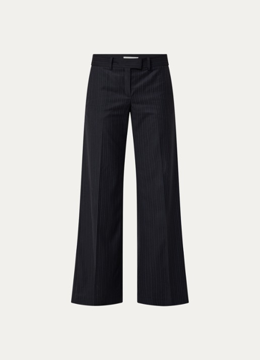ba&sh Cely mid waist wide fit pantalon in wolblend met krijtstreep - voorkant 2 donkerblauw