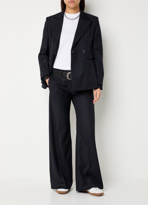 ba&sh Cely mid waist wide fit pantalon in wolblend met krijtstreep - voorkant 3 donkerblauw