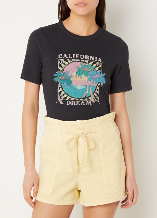 ba&sh Cerena T-shirt met ribstructuur en print - detail antraciet